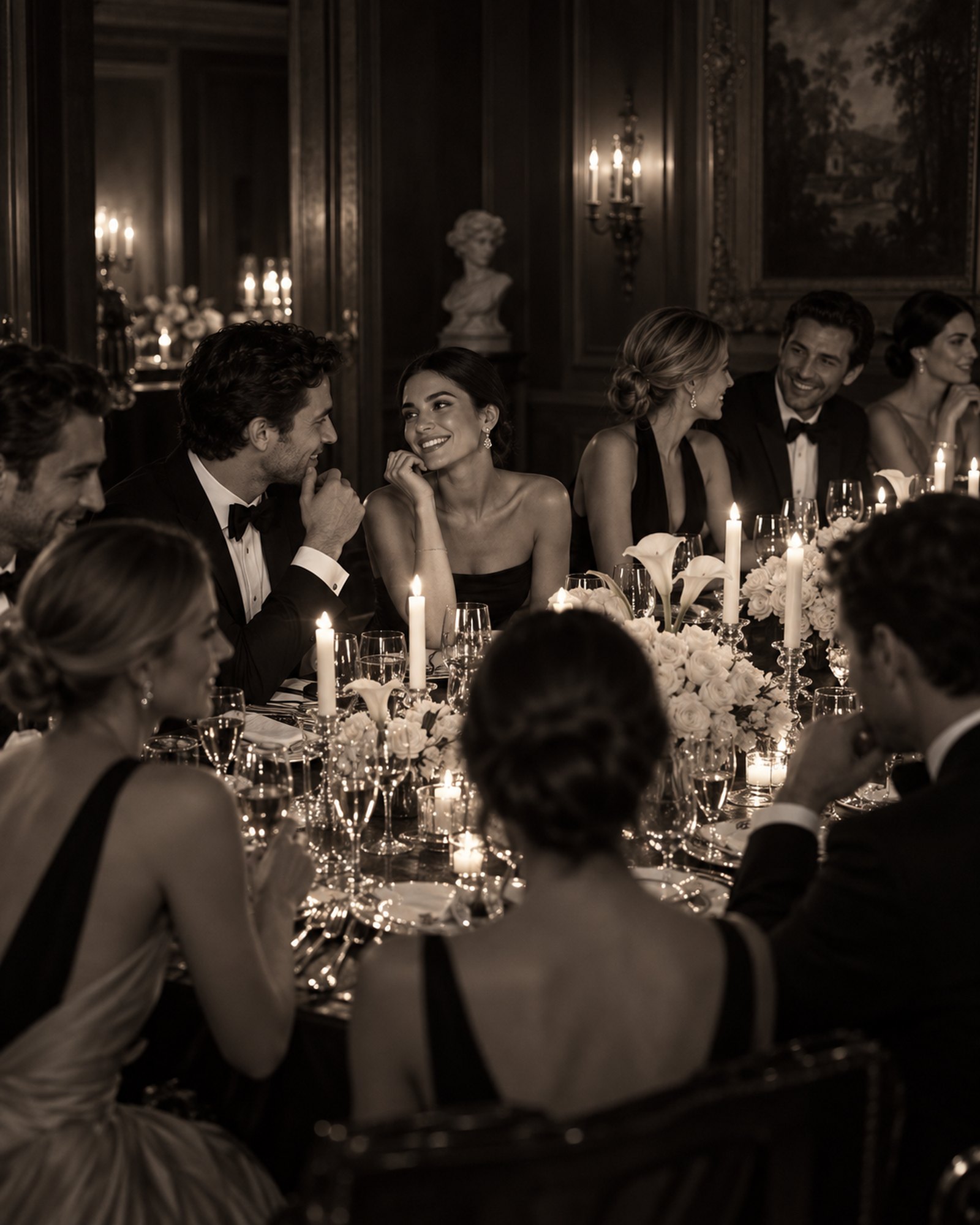 A woman laughing at a candlelit dinner table in an intimate wood-panelled room