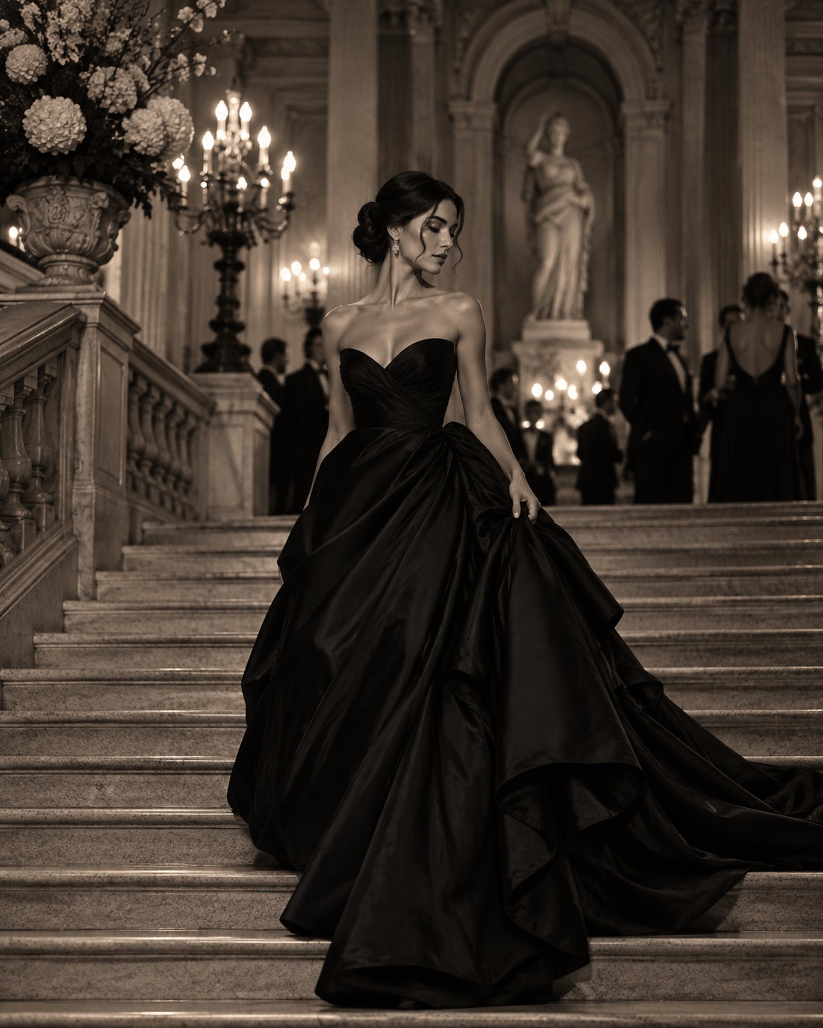 A woman in a black ball gown descending a grand marble staircase beneath a chandelier