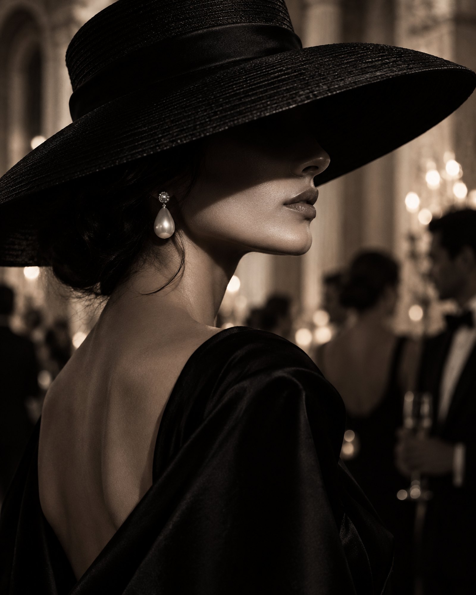 A woman in a wide black hat and pearl earring at a candlelit gala