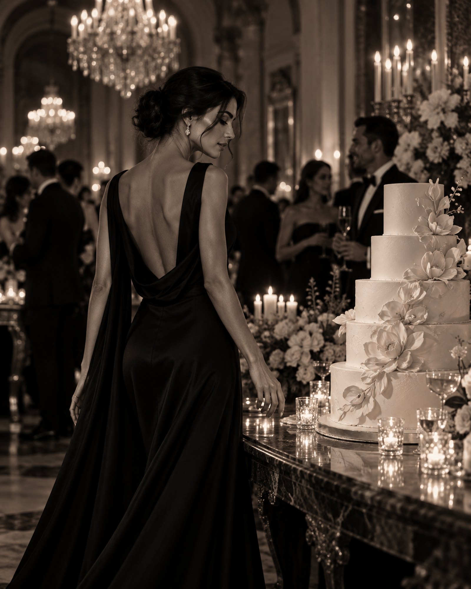A woman in a black gown beside an elaborate five-tier wedding cake at a candlelit reception