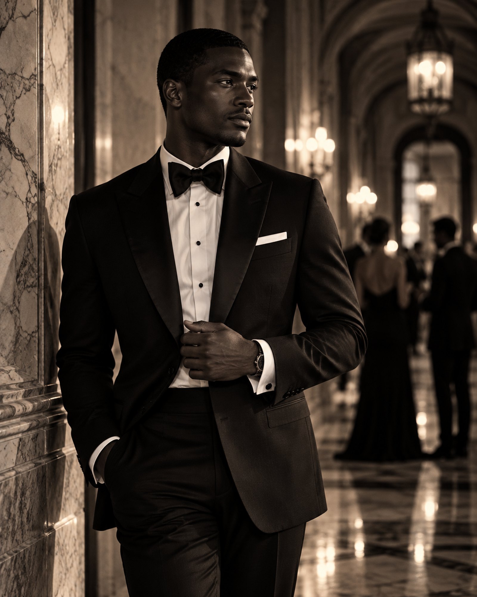 A man in a black tuxedo walking through a marble hallway lined with lanterns