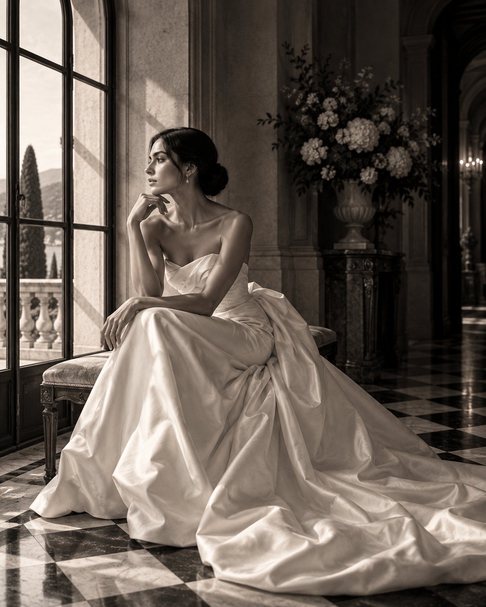 A bride in a silk gown seated by a tall window, gazing out at the lake and mountains