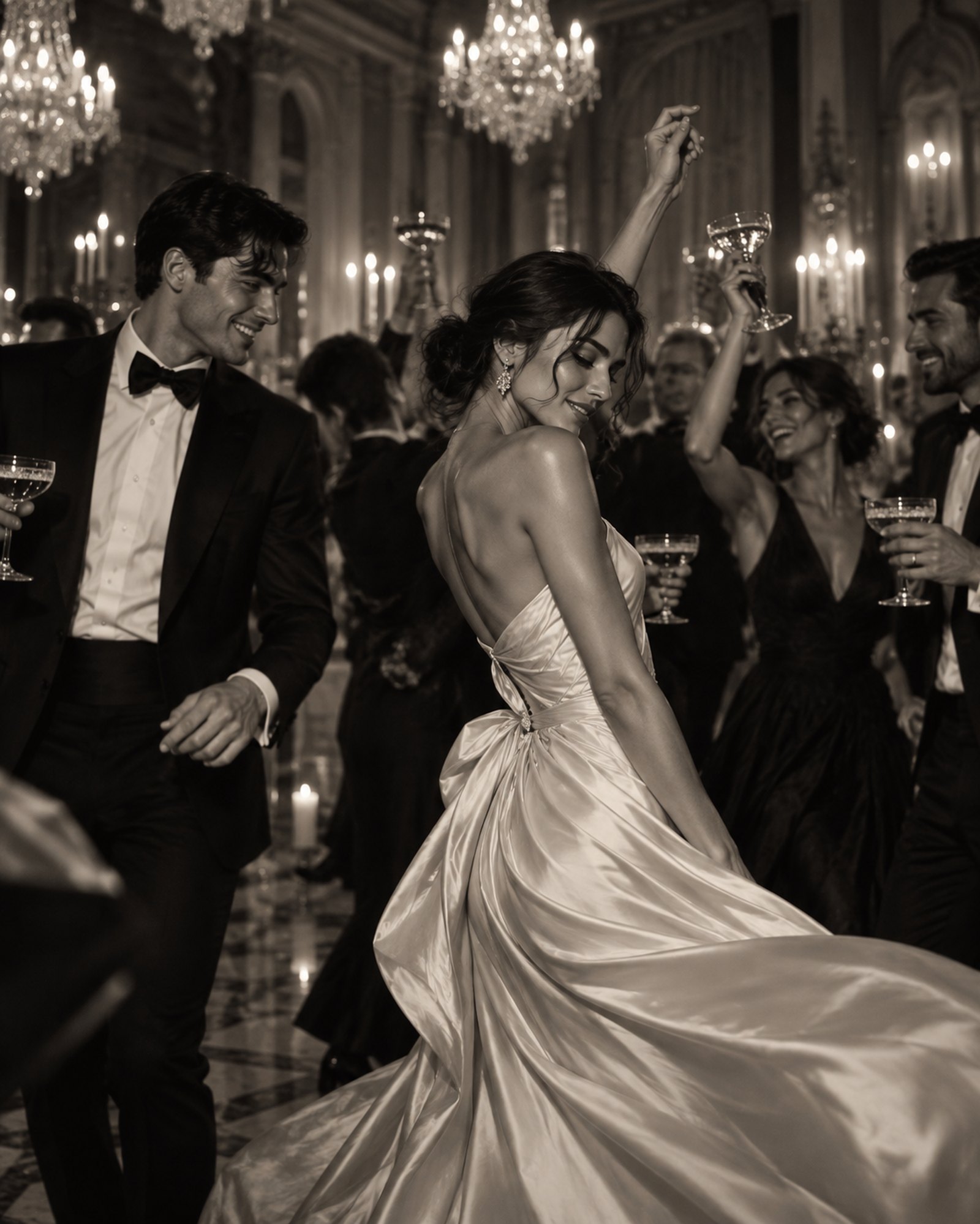 A woman in a satin gown twirling on the dance floor beneath chandeliers