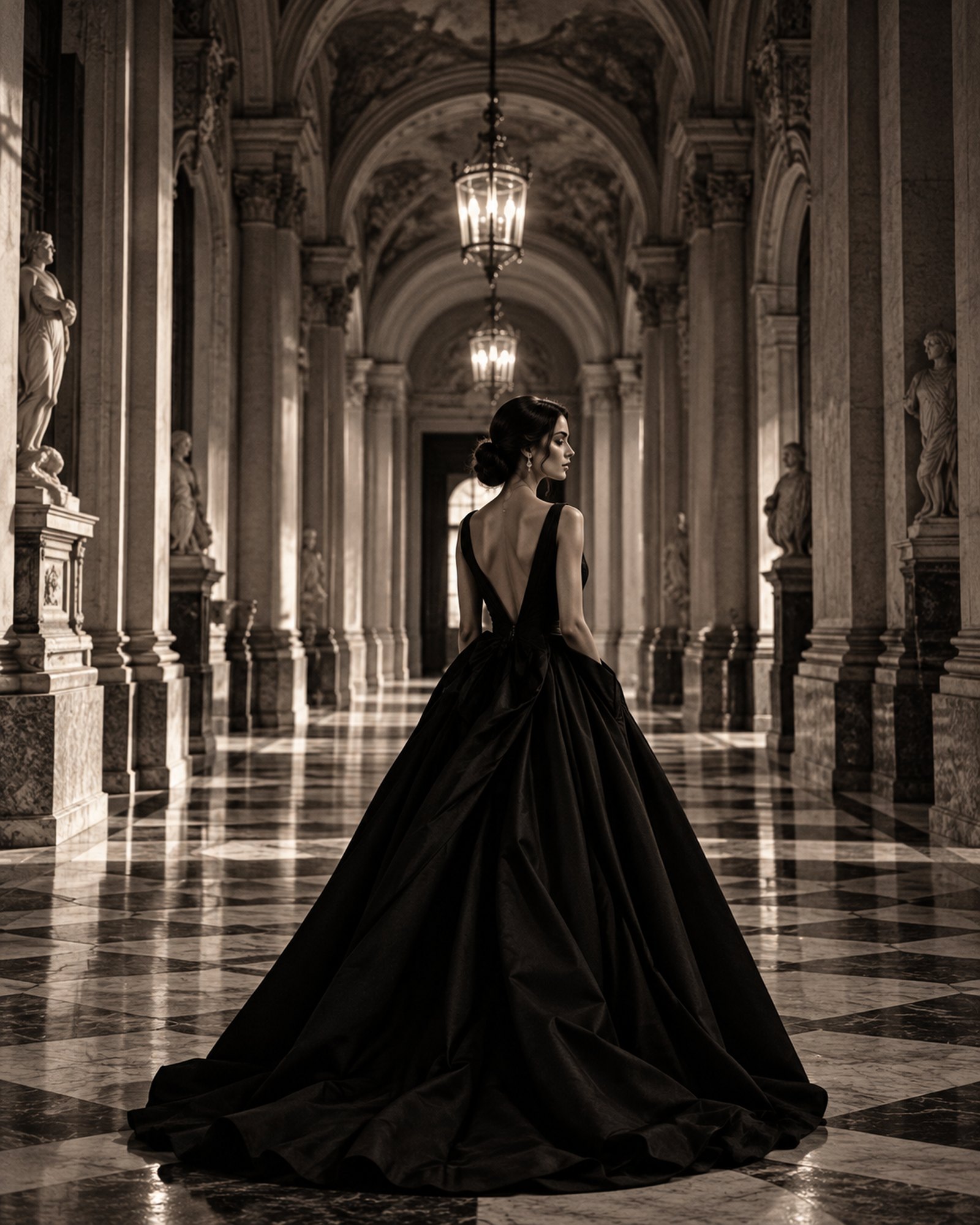 A woman in a black gown walking away down a frescoed gallery lined with statues