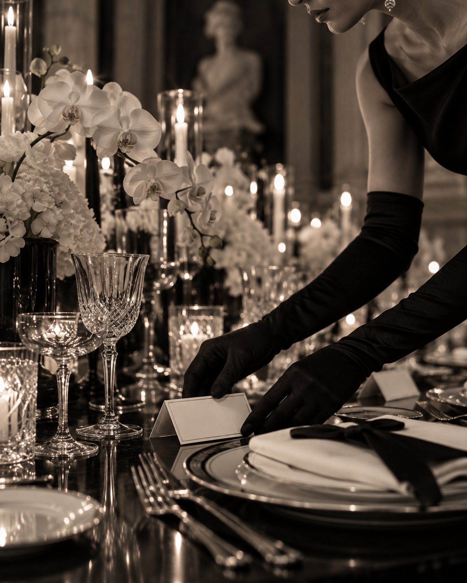 A gloved hand placing a name card at a candlelit table styled with white orchids
