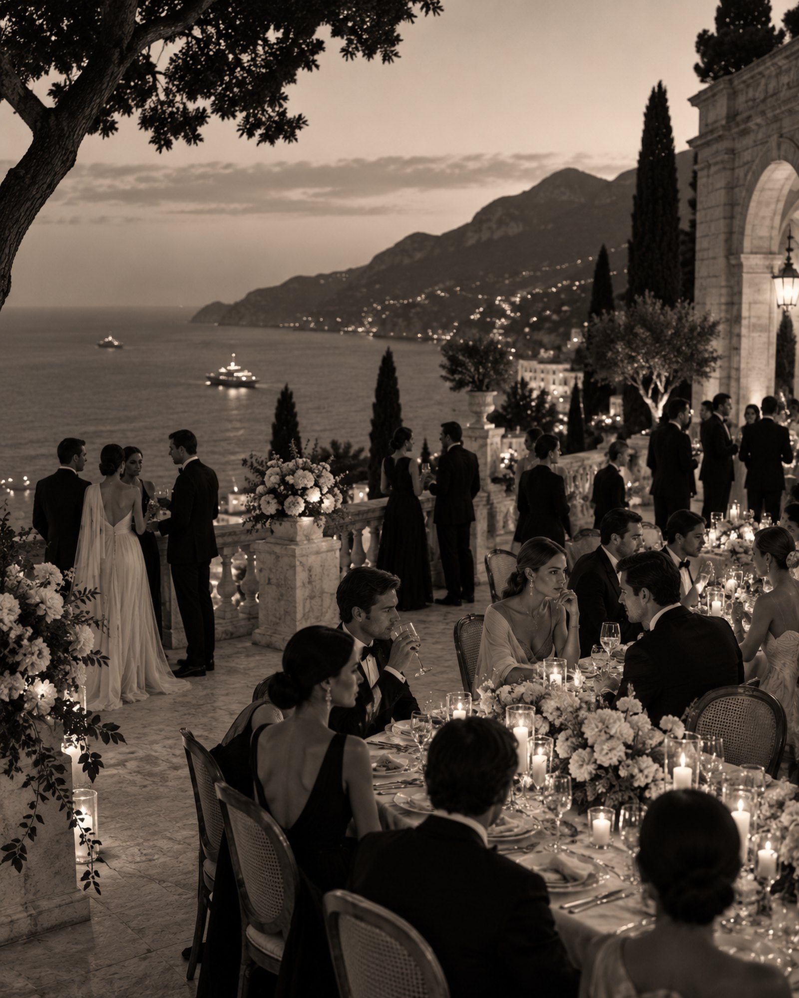 Guests at a candlelit clifftop dinner overlooking the Amalfi Coast at dusk