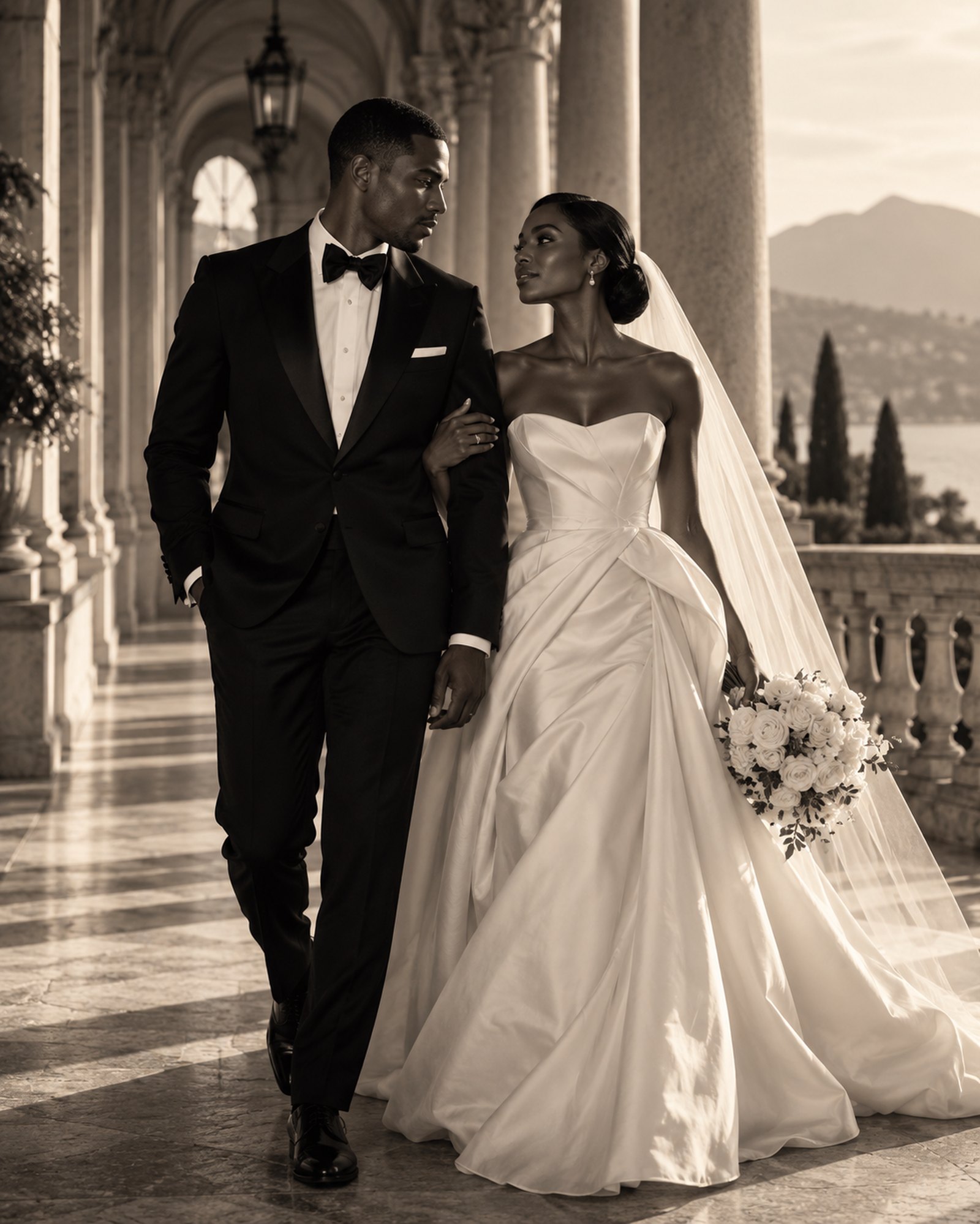 Bride and groom walking arm in arm along a sunlit colonnade overlooking the lake, a Christina Maria Privé campaign image