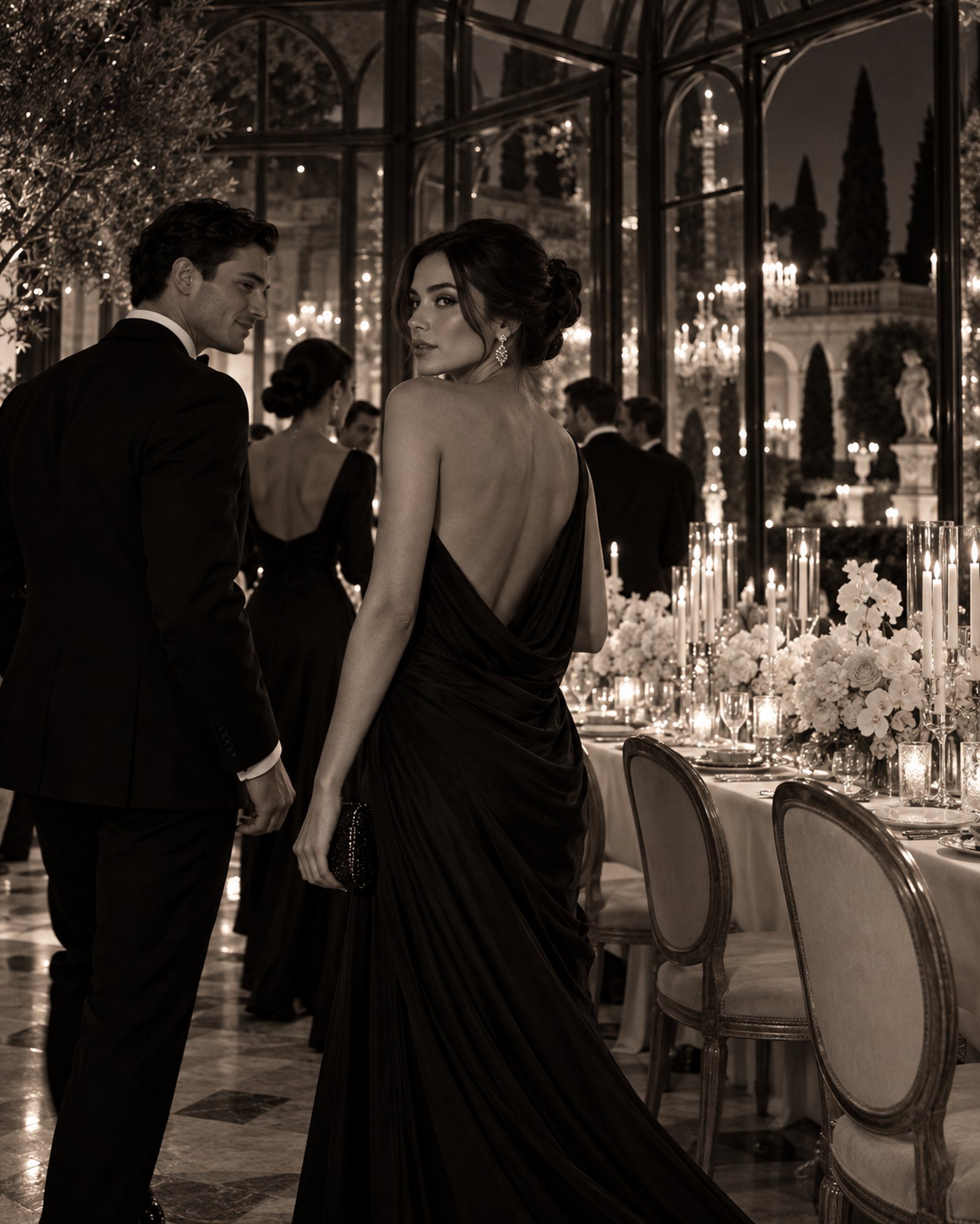 A couple in evening dress in a candlelit glass conservatory, the woman glancing back over her shoulder